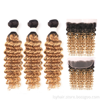Blonde 27 Brazilian Deep Curly T1B 27 9A Human Hair 3 Bundles With 13x4 Ear to Ear Frontal Closure Africian Hair Product